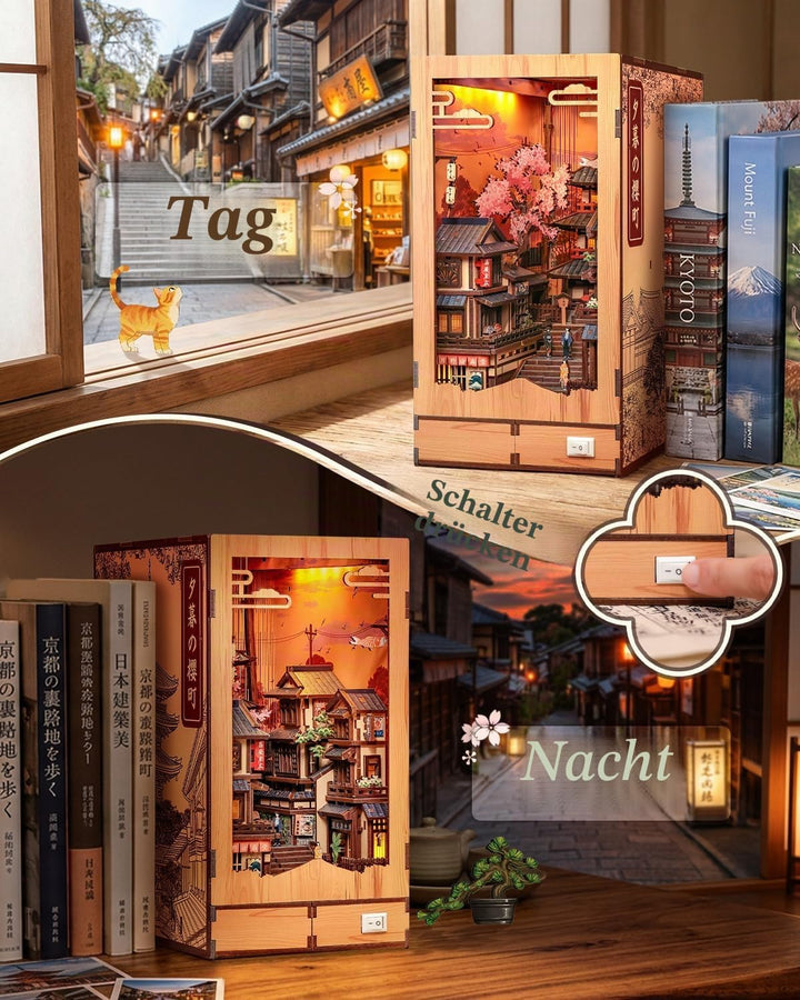CUTEBEE 3D-Holzmodell Bausatz mit LED-Warmlicht, Japan Kyoto Strasse Bücherregal-Einsatz, Miniaturha