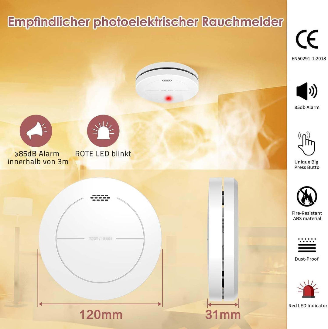 Safeliveo Rauchmelder ohne Blinkende LED, mit 10 Jahre Batterie, Mute Funktion, 85 dB Photoelektrisc