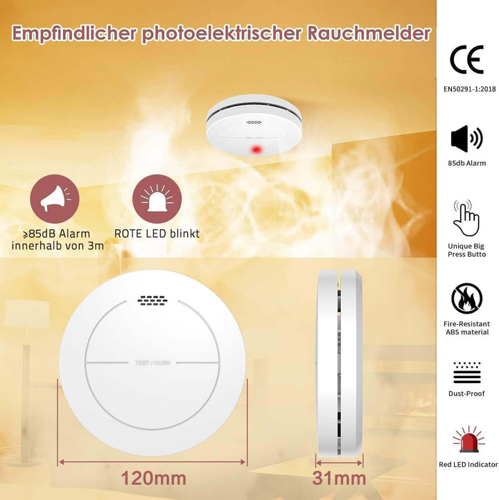 Safeliveo Rauchmelder ohne Blinkende LED, mit 10 Jahre Batterie, Mute Funktion, 85 dB Photoelektrisc