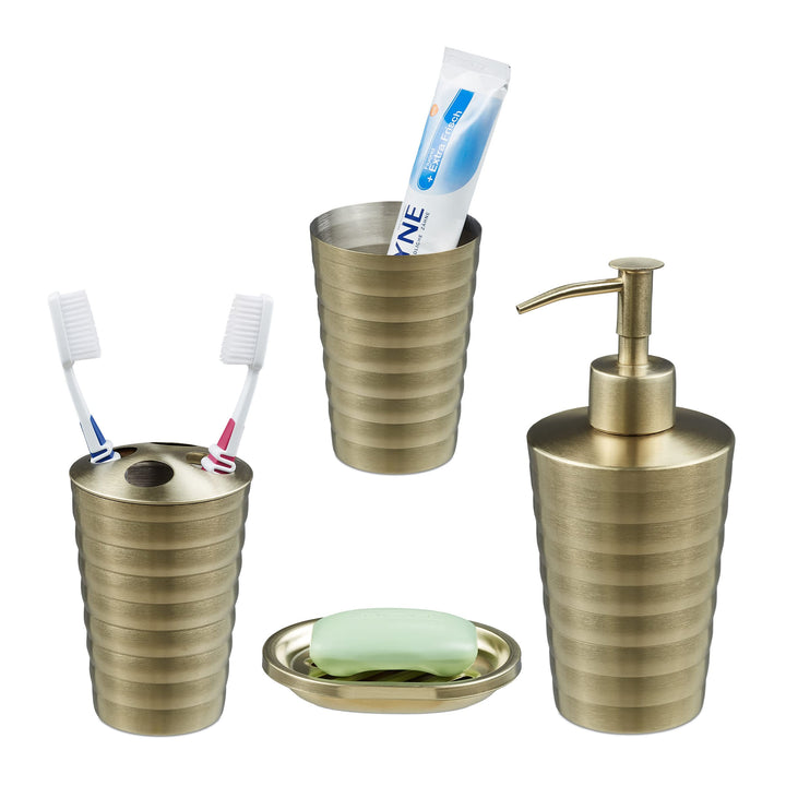 Relaxdays Badezimmer Set, 4-teilig, Seifenspender, Seifenschale, Zahnputzbecher, Zahnbürstenhalter,