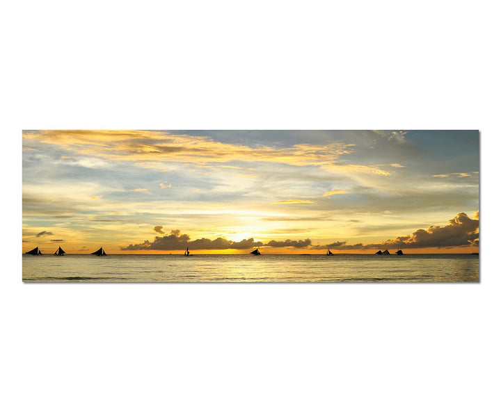 Paul Sinus Art Panoramabild auf Leinwand und Keilrahmen 150x50cm Philippinen Meer Boote Sonnenunterg
