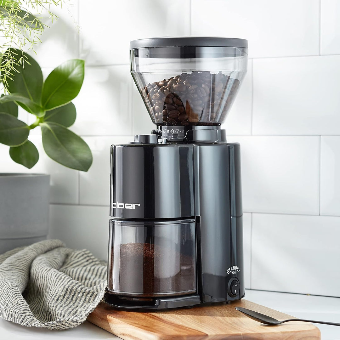 Cloer 7520 Elektrische Kaffeemühle mit Kegelmahlwerk aus Edelstahl, 2-12 Tassen, 300 g Kaffeebohnen,