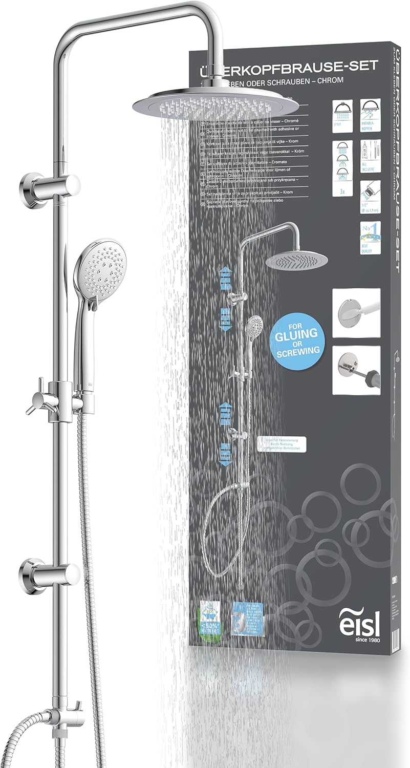 EISL DX12009 Duschset zum Kleben, Duschgarnitur mit Regendusche, Überkopfbrauseset ohne Bohren, Dusc