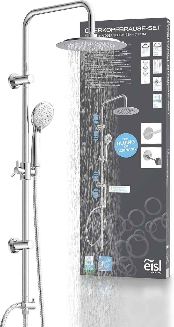 EISL DX12009 Duschset zum Kleben, Duschgarnitur mit Regendusche, Überkopfbrauseset ohne Bohren, Dusc