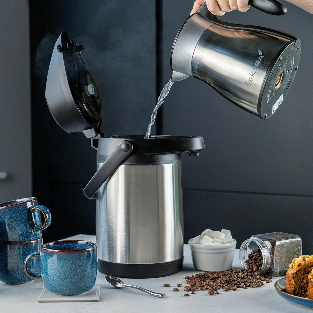 Pioneer Airpot Isolier-Pumpkanne, 3 Liters, Edelstahl-Getränkespender, Beschriftet mit 'TEA', Doppel