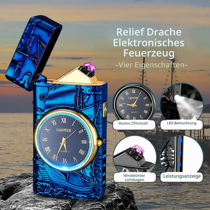 Elektrisches Feuerzeug mit Muster, Personalisierbar mit Uhr, Lichtbogen mit Batterieanzeige, Plasma