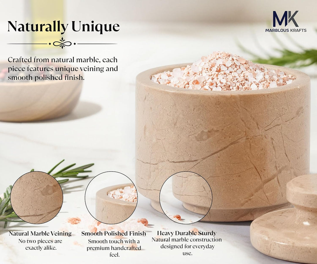 MARBLOUS KRAFTS Marmor-Salzkeller mit Deckel, 7,6 cm, Weiss und Verona Salzhalter, ideale Zucker-, S