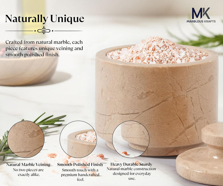 MARBLOUS KRAFTS Marmor-Salzkeller mit Deckel, 7,6 cm, Weiss und Verona Salzhalter, ideale Zucker-, S