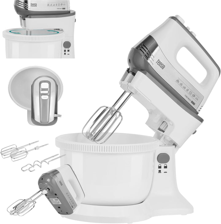 Teesa Handmixer mit Drehschale Leistung 500W TSA3548 5 Stufen Drehzahlregelung Turbo-Funktion, Weiss