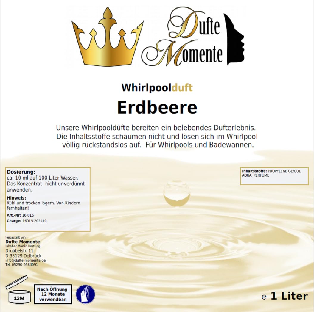 Dufte Momente | Whirlpool Duft 1000ml | Erdbeere | mit naturreinen und natürlichen ätherischen Ölen