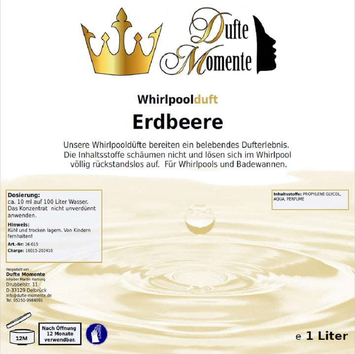 Dufte Momente | Whirlpool Duft 1000ml | Erdbeere | mit naturreinen und natürlichen ätherischen Ölen