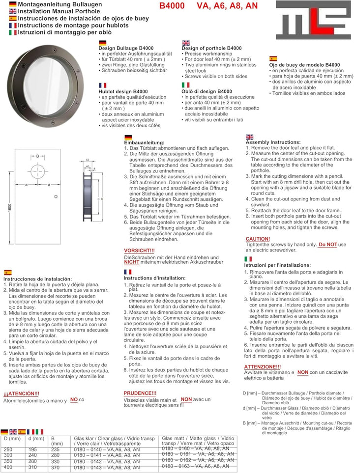MLS Bullauge B4000, Bullauge für Türen, Robustes Aluminium, VSG-Sicherheitsglas, Passend für 40 mm S