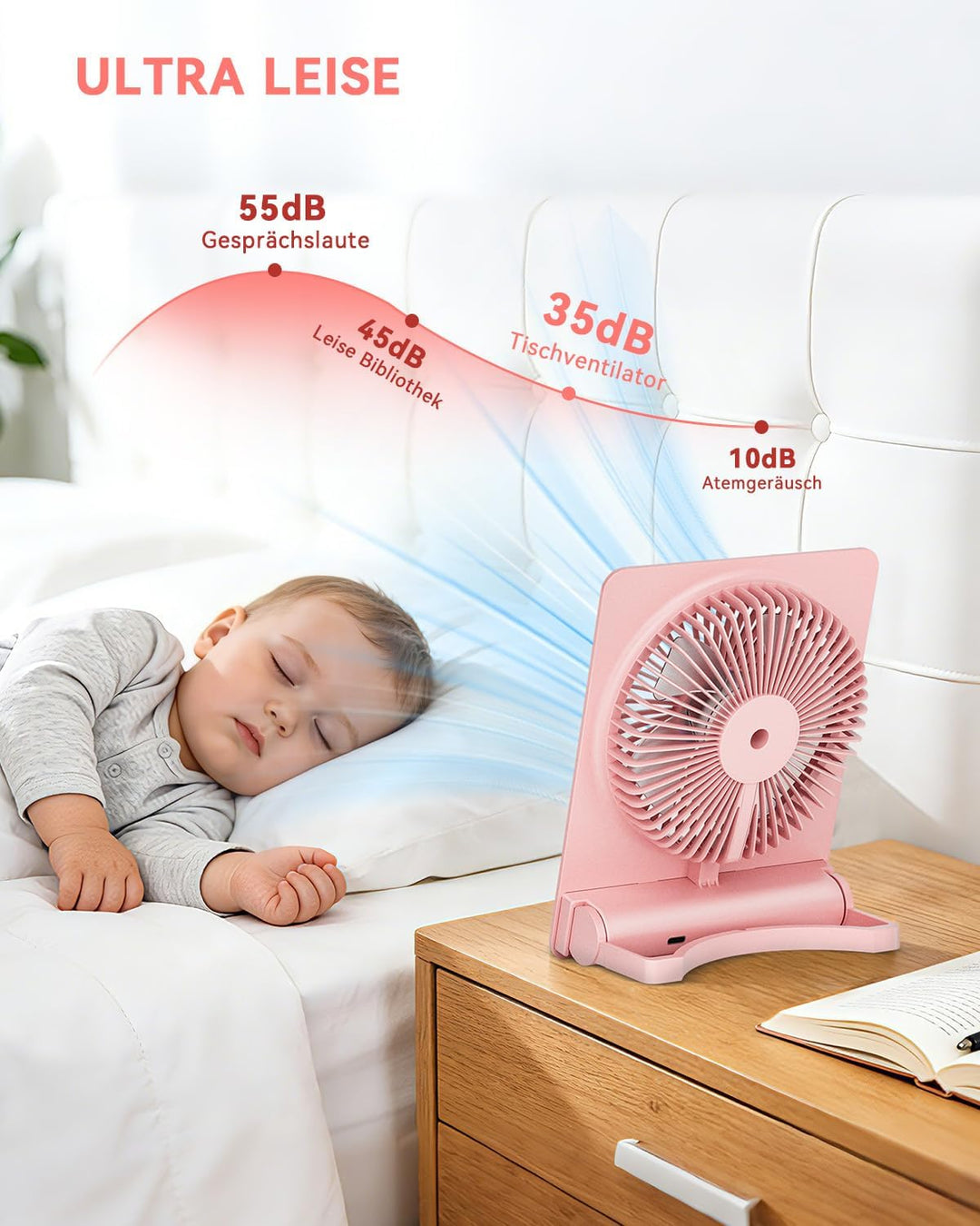 Klein Tischventilator,Leise Ventilator Akku 4000mAh 100 Geschwindigkeiten 180°Einstellbar Tragbarer