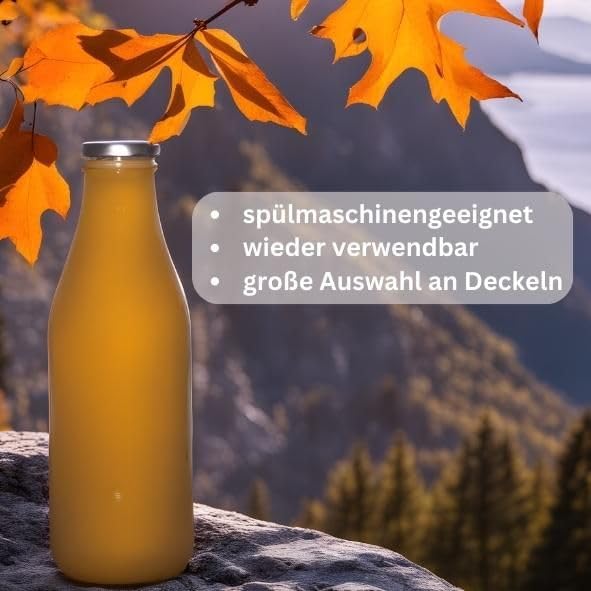gouveo 20er Set Saftflasche 1000 ml mit Schraub-Deckel silberfarben - Grosse Glasflasche 1 Liter mit