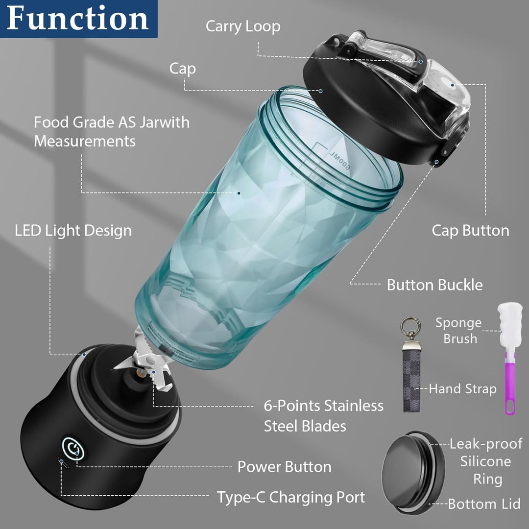 Rainpal Tragbarer Mixer/Mini Standmixer, 600mL USB Wiederaufladbarer Blender mit Becherdeckel, 6 Kli