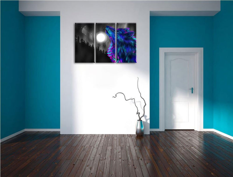 Dark Magischer Wolf Abstrakt schwarz/weiss 3-Teiler Leinwandbild 120x80 Bild auf Leinwand, XXL riesi