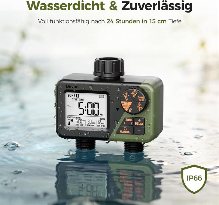 Diivoo Funkfernbedienung Bewässerungscomputer 2 Ausgänge, IP66 Bewässerungsuhr mit Grosses LCD-Displ