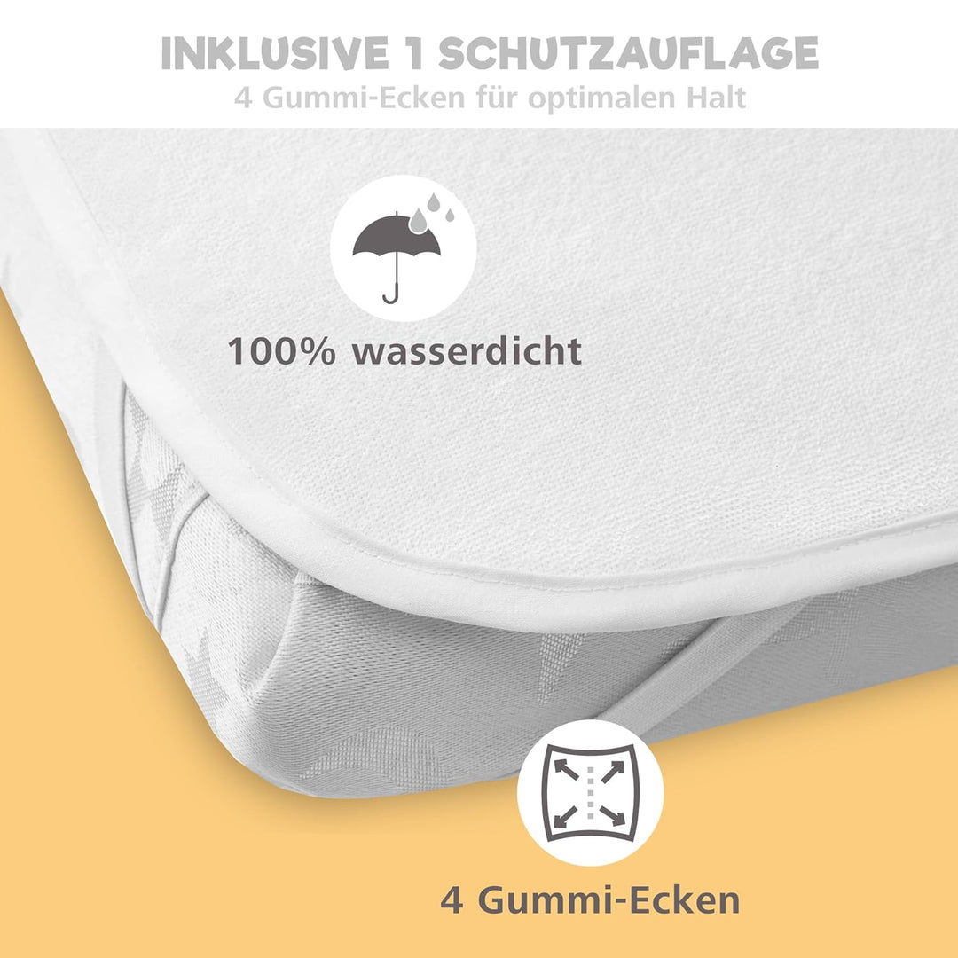 2X Spannbettlaken aus 100% Baumwolle mit Gummiband - 1X Matratzenschoner aus 100% wasserdichtem Mate