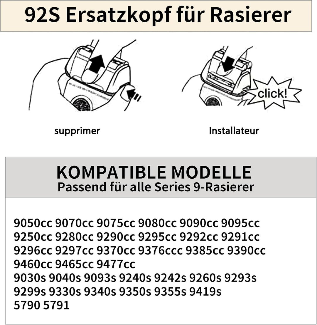 92S Ersatzrasierköpfe Kompatibel mit Braun elektrische Rasiermesser der Serie 9 - Kompatibel mit Bra