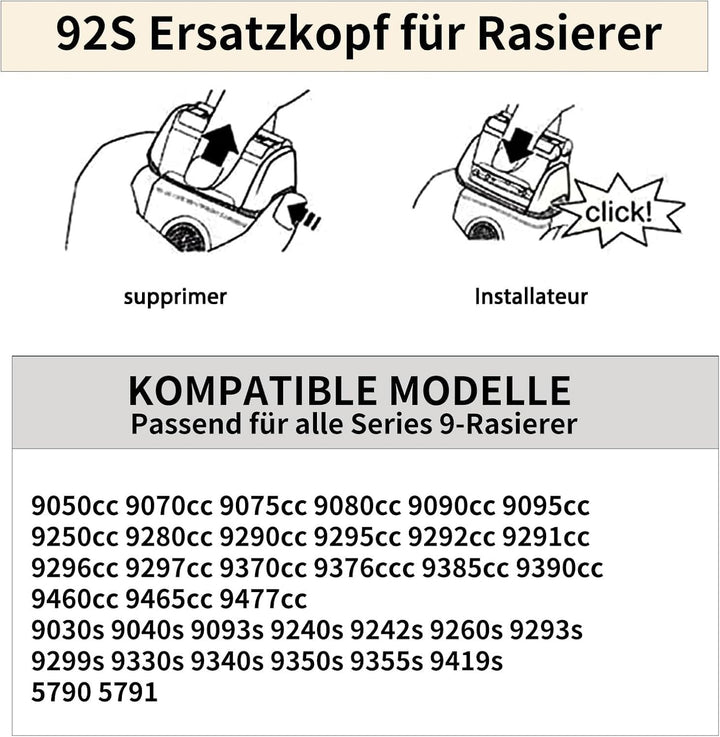 92S Ersatzrasierköpfe Kompatibel mit Braun elektrische Rasiermesser der Serie 9 - Kompatibel mit Bra