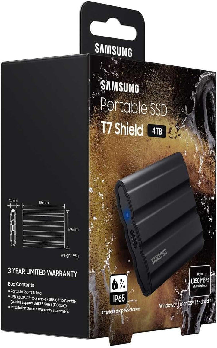 Samsung Portable SSD T7 Shield, 4 TB, USB 3.2 Gen.2, 1.050 MB/s Lesen, 1.000 MB/s Schreiben, Robuste