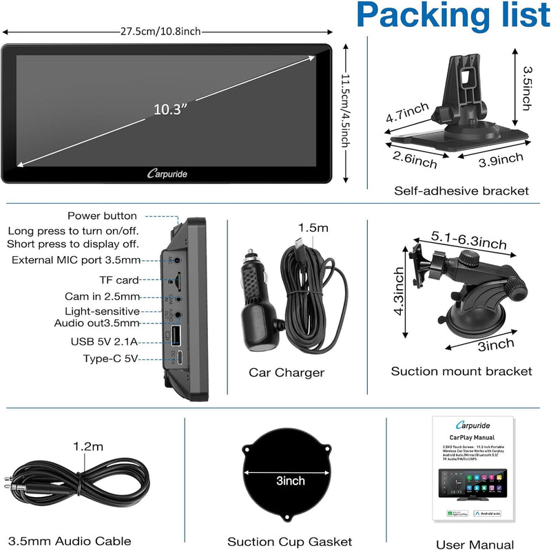 Carpuride Neuestes 10,3-Zoll-Full-HD-Touchscreen-Tragbares Drahtloses Apple Carplay Android Auto mit