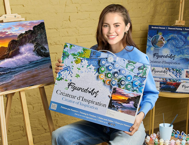 Figured'Art Malen Nach Zahlen Erwachsene Mit Rahmen Klippe und Wellen - Paint by Numbers Basteln DIY