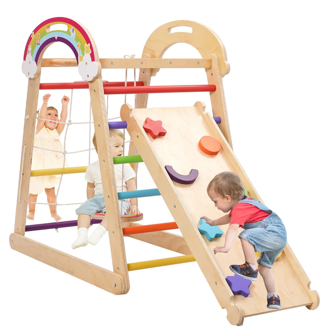 Montessori Klettergerüst, 5 in 1 Indoor Spielplatz für Kinder, mit Schaukel, Bogen, Rutsche und Klet