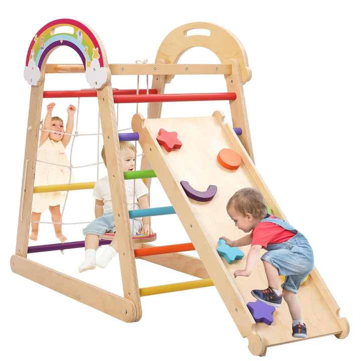 Montessori Klettergerüst, 5 in 1 Indoor Spielplatz für Kinder, mit Schaukel, Bogen, Rutsche und Klet