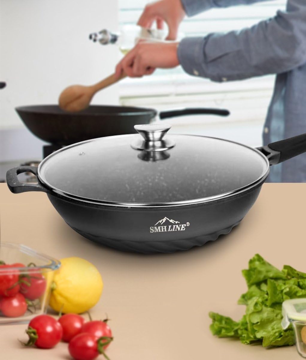 SMHLINE® Wokpfanne induktion, 28cm Wok mit Glasdeckel, Aluminiumguss, Antihaft Bratpfanne Topf, Brat