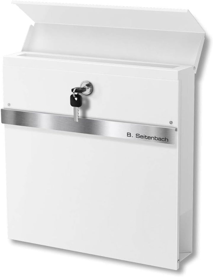 Metzler Briefkasten mit Zeitungsfach Weiss - Personalisiert mit Edelstahl V2A Namensschild - Pulverb
