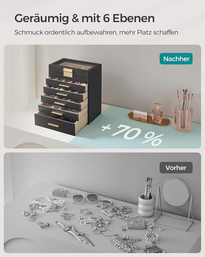SONGMICS Schmuckkästchen, Schmuckkasten mit 6 Ebenen, Schmuckbox mit Glasdeckel, 5 Schubladen, für S