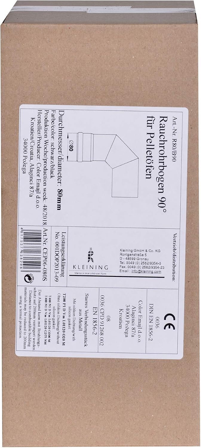 FIREFIX R80/B90 Pelletofenrohr-Bogen aus 1,2 mm starken Stahl in 80 mm Durchmesser, für Pelletöfen u