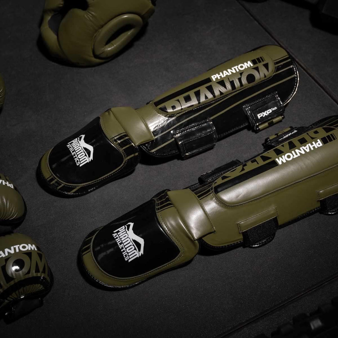 Phantom Schienbeinschoner mit Spannschutz, Kampfsport, MMA, Kickboxen, Muay Thai APEX Hybrid - Army