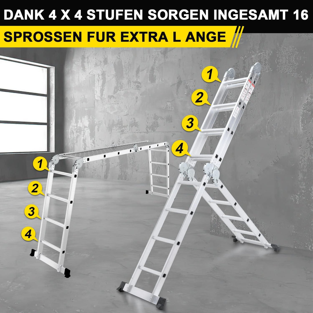 Herrselsam Mehrzweckleiter 4x4, 7in1 Multifunktionsleiter 470CM Alu Vielzweckleiter Klappleiter mit