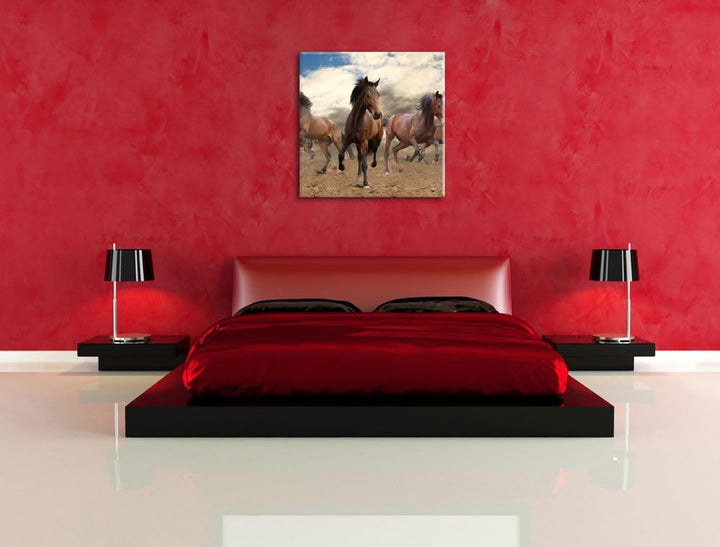 Western Pferde Cowboy, Format: 70x70 auf Leinwand, XXL riesige Bilder fertig gerahmt mit Keilrahmen,