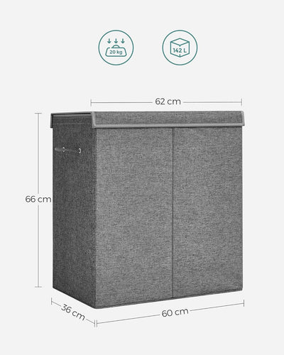 SONGMICS Wäschekorb, 142 L, 2 Fächer aus Leinenstoff, Trennwand für Kleidung mit magnetischem Deckel