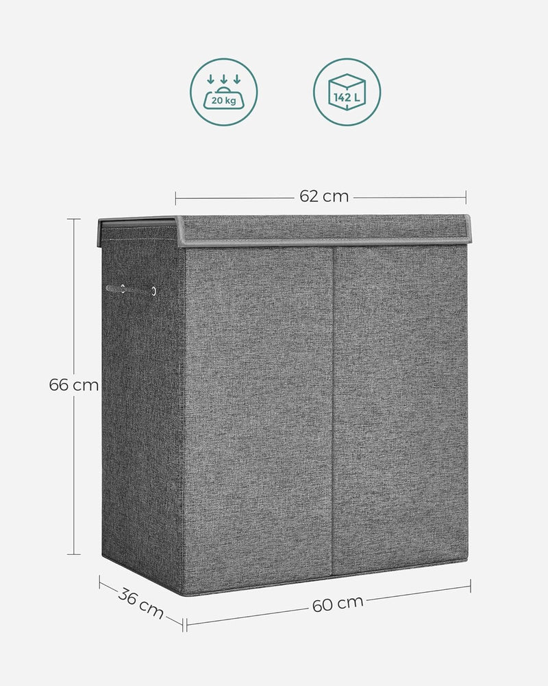 SONGMICS Wäschekorb, 142 L, 2 Fächer aus Leinenstoff, Trennwand für Kleidung mit magnetischem Deckel