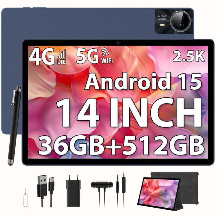 2,5K Android 15 Tablet 14 Zoll, 4G LTE/5G WLAN, 2240x1400FHD, 36GB RAM+512GB ROM (2TB erweiterbar),