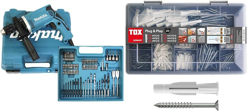 Makita Schlagbohrmaschine im Koffer, 710 W inklusiv 74 teilig Zubehör & TOX Sortimentskoffer Plug un