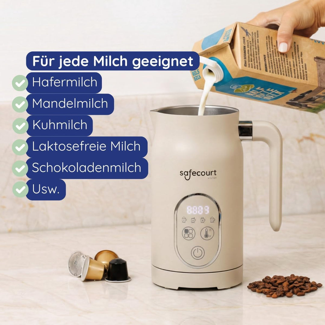 Safecourt Elektrischer Milchaufschäumer – 4 Funktionen & Temperaturregelung – fester & luftiger Milc