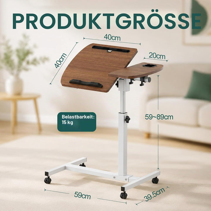 Soontrans Beistelltisch mit Rollen, Betttisch Klappbar 60×40cm, Laptoptisch Höhenverstellbar, Neigun
