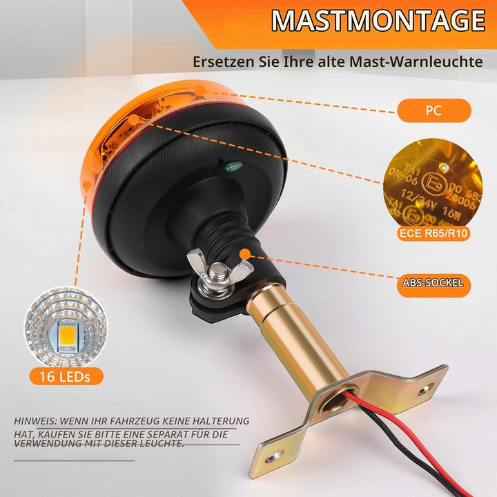Qiping 12/24V LED Blitz Kennleuchte Orange Warnleuchte Amber Blitzlicht Gelb Strobe Light - ECE E9-g