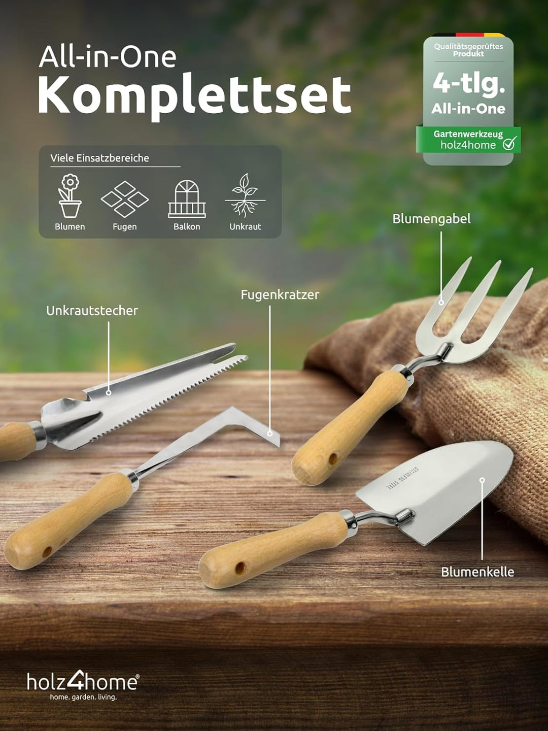 holz4home® Gartenwerkzeug Set 4-TLG. I Edelstahl & Eschenholz I Handschaufel, Unkrautstecher, Fugenk