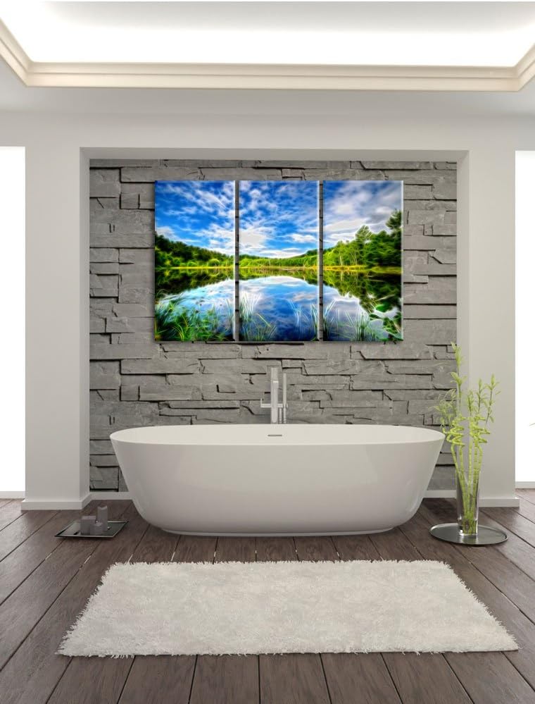 Pixxprint See im Wald / 3-Teilig/Gesamtmass 120cm Leinwandbild bespannt auf Holzrahmen/Wandbild Kuns