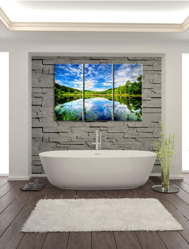Pixxprint See im Wald / 3-Teilig/Gesamtmass 120cm Leinwandbild bespannt auf Holzrahmen/Wandbild Kuns