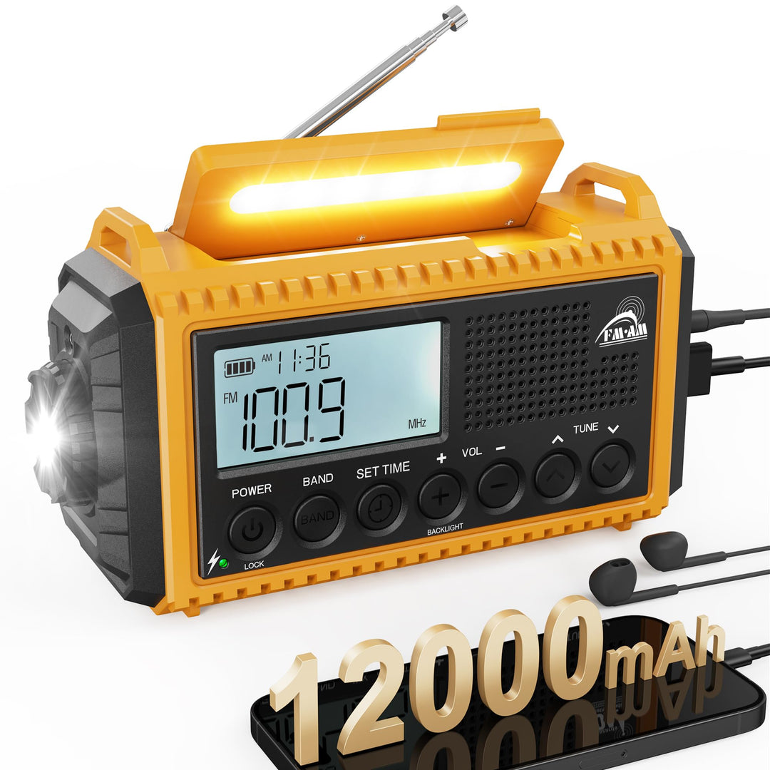 Notfallradio | 12000mAh Powerbank | Kurbelradio |Solar Radio mit Weltempfänger | AM/FM/SW, SOS, USB-
