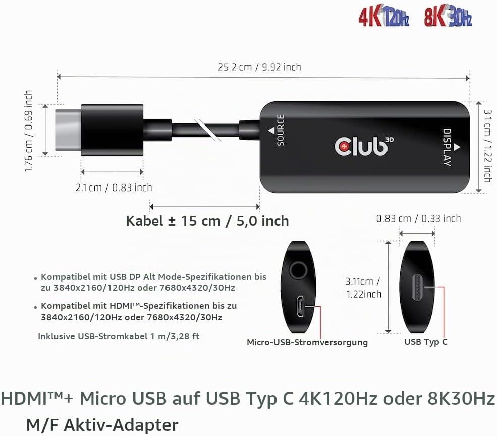 Club 3D CAC-1336 HDMI+ Micro USB auf USB Typ-C 4K120Hz oder 8K30Hz M/F Aktiver Adapter, CAC-1336