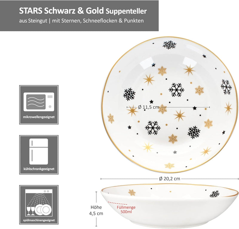 MamboCat 6er Set Stars schwarz & gold Suppenteller I 500ml I 6 Personen I tiefer Steingut-Teller mit