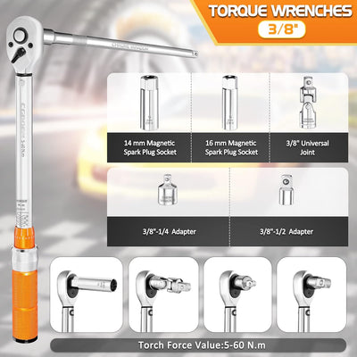 CGBOOM Drehmomentschlüssel 3/8", 5-60Nm Drehmomentschlüssel Auto Fahrrad & Motorrad Set, ±3% Fehlerg